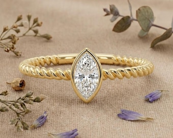 Pierścionek zaręczynowy z diamentami Marquise Lab, 14-karatowe złoto, skręcona lina