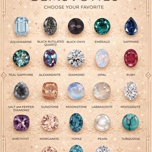 May include: A selection of gemstones, including aquamarine, emerald, sapphire, ruby, and diamond, are displayed on a beige background. The text "GEMSTONES" and "CHOOSE YOUR FAVORITE" are at the top.