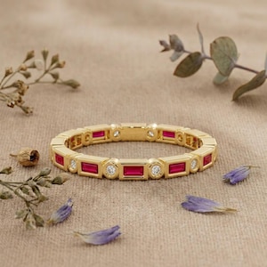 Ruby Diamond Eternity Ring, Baguette Wedding Band, Art Deco Gold Stackable Ring