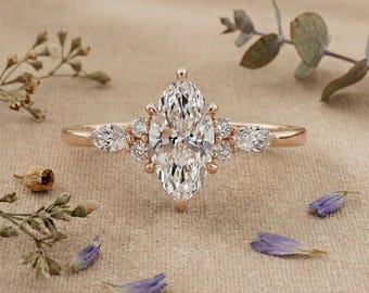 Anello di fidanzamento con diamante sintetico a taglio marquise, anello da sposa con diamanti a grappolo in oro rosa, anello di promessa minimalista