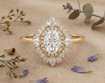 Oval Lab Grown Diamond Sunburst Halo Engagement Ring, Vintage Bridal IGI Gold