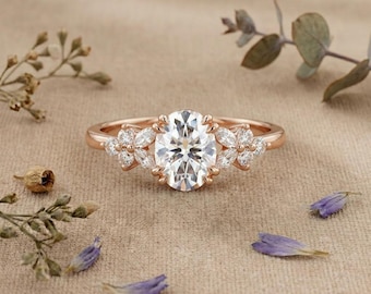 Oval Cut Lab Grown Diamond Engagement Ring, Rose Gold Floral Halo, Anniversary Promise Ring