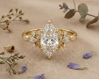Marquise Lab Diamond Engagement Ring, Vintage Leaf Vine Gold Bridal Ring