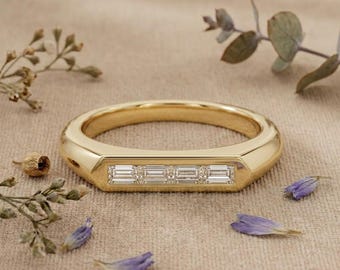 Lab Grown Diamond Baguette Ring, Minimalist Gold Wedding Band, IGI Certified Engagement Ring