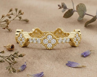 Lab Grown Diamond Floral Ring, Vintage Cluster Band, Minimalist Gold Engagement Band