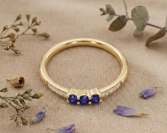 Blue Sapphire Engagement Ring 14K Gold Three Stone Ring Lab Diamond Promise Ring Gift for Her USA