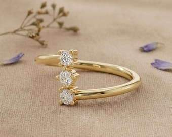 Lab Grown Diamond Open Ring, 14K Gold Three Stone Engagement Ring