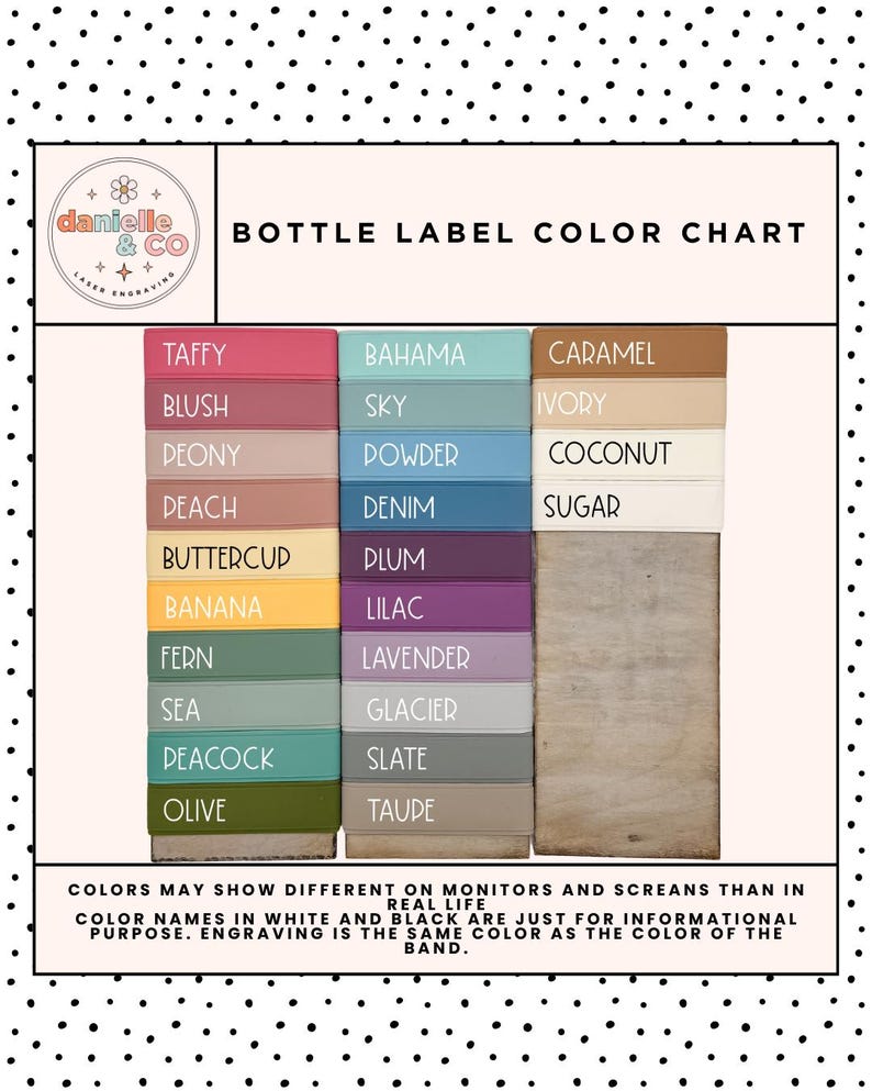 The image is a color chart that displays various bottle label colors, including shades of pink, blue, green, and brown.