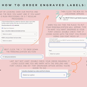 The image is a step-by-step guide on how to order engraved labels, with a pink background and various arrows pointing to different sections of the process.