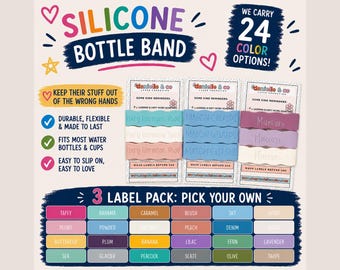 You Pick / Solid Pack : 3 Personalized Silicone Labels for daycare, sippy cups, baby bottles, water bottles, 1st of school, back to school
