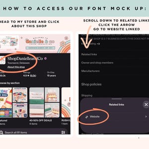 The image is a screenshot of a mobile device interface, likely a website, with a focus on the "ShopDanielleCo" section. The interface includes a navigation bar, a search bar, and a list of featured items. The text on the image provides instructions on how to access the mockup, including navigating to the website linked and selecting the "Website" option.