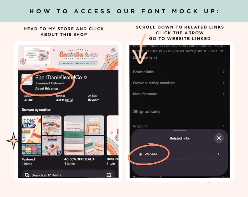 The image is a screenshot of a mobile device interface, likely a website, with a focus on the "ShopDanielleCo" section. The interface includes a navigation bar, a search bar, and a list of featured items. The text on the image provides instructions on how to access the mockup, including navigating to the website linked and selecting the "Website" option.