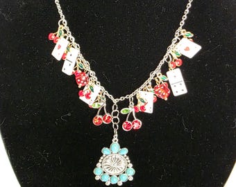 Cowgirl Kasino Charm Halskette | Kirschen Türkis Statement Schmuck