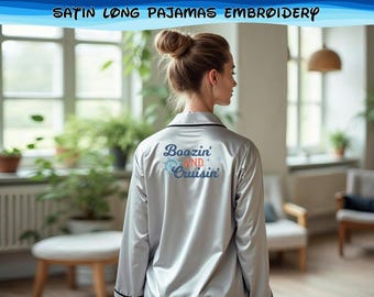 Personalized Embroidery Satin Full Pajama Set Custom Text, Logo Bridesmaid Party Wear Bridal Gifts Anniversary Matching Outfit Gifts for Her