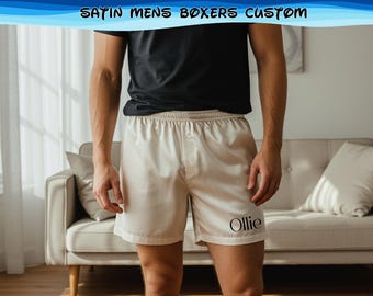 Cueca Boxer Masculina Personalizada em Cetim | Nome, Texto e Logotipo Personalizados, Roupa Matinal para Noivo, Roupa de Dormir de Luxo para Relaxar, Presente para Ele