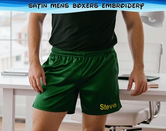 Cuecas boxer de cetim bordadas e personalizadas para homem | Logotipo com nome personalizado, roupa de casamento para noivo, presente para padrinhos e madrinhas, cuecas de dormir macias