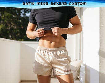 Custom Satin Men’s Boxers Groom Getting Ready Wear, Bridal Party Gift, Personalized Lounge Shorts, Wedding Morning Sleepwear Customized Name
