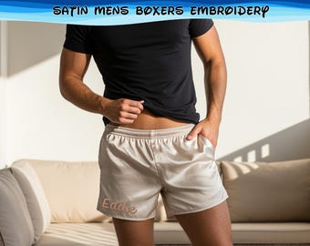 Personalized Satin Embroidery Men’s Lounge Boxer | Custom Text Logo Sleepwear, Groom Gift, Wedding Morning Outfit, Luxury Gift for Him