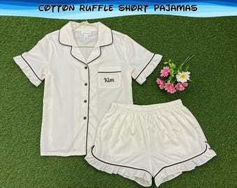 Personalized Rayon Ruffle Pajamas Plus Size Short Sleeve Pajama Set Bridesmaid Gift Summer Sleepwear Bridal Party PJs Button Down Pjs Set