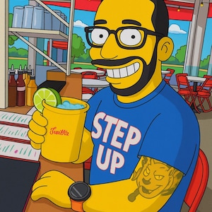 May include: Cartoon illustration of a man with yellow skin, black hair, and glasses, holding a yellow cup with a lime and the word "Swittha". He wears a blue shirt with "STEP UP" printed on it and has a tattoo on his arm. He is sitting at a table.