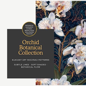 White Orchid Art Nouveau Digital Papers – Botanical Wallpaper Pack, White Floral Patterns, Vintage Orchid Backgrounds Scrapbook Journals PNG
