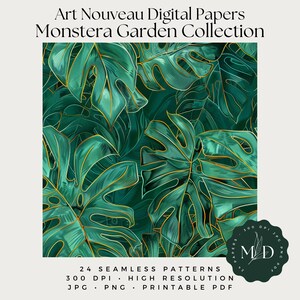 Könnte beinhalten: Digitales Kunstwerk mit einem nahtlosen Muster aus grünen Monstera-Blättern mit goldenen Konturen. Das Bild trägt den Titel "Art Nouveau Digital Papers Monstera Garden Collection" und enthält Details zu Mustern, Auflösung und Dateiformaten.