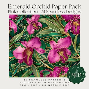 Könnte beinhalten: Ein digitales Papierpaket mit einem floralen Design. Es zeigt magenta Orchideen, grüne Blätter und goldene Akzente. Der Text lautet "Emerald Orchid Paper Pack Pink Collection 24 Seamless Designs". Enthält 24 nahtlose Muster, 300 DPI, JPG, PNG und druckbares PDF.