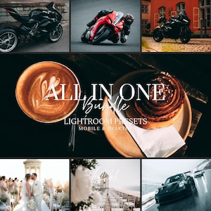 Könnte beinhalten: Eine Collage mit einem schwarzen Motorrad, einem Rennfahrer auf einem roten Motorrad, einem Latte Macchiato mit Latte Art, einer Zimtschnecke, einer Hochzeitszeremonie und einem schwarzen Sportwagen. Text-Overlay: "ALL IN ONE BUNDLE LIGHTROOM PRESETS MOBILE & DESKTOP."