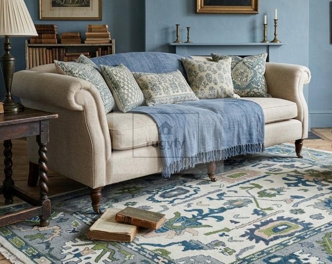 Featured listing image: Turkish Rug Ivory Blue Green Oushak For Livingroom  | Hand Knotted Wool Carpet | Afghani Floral Design | 8x10 9x12 10x14