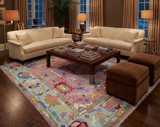 Featured listing image: Hand Knotted Oushak Rug, Turkish Wool Area Rug 8x10 9x12 5x8, Pastel Vintage Oriental Rug, Luxury Living Room Carpet
