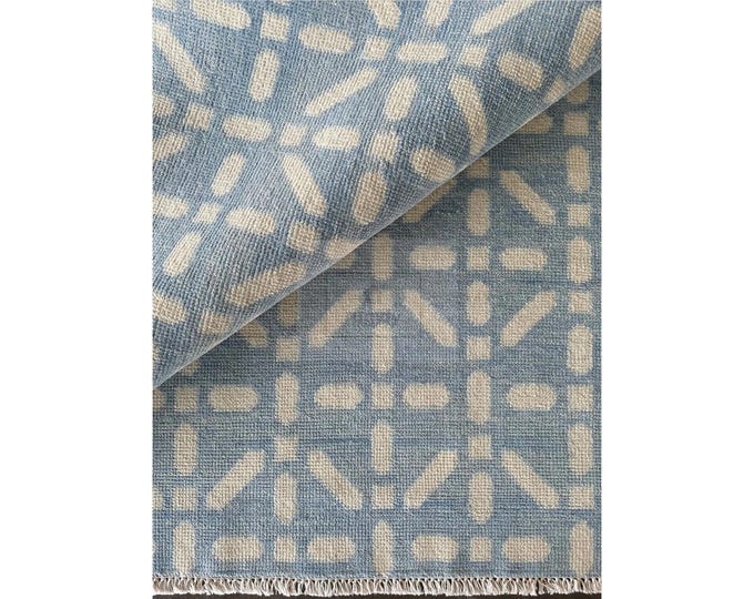 Featured listing image: Handmade Wool Oushak Rug | Blue Geometric Flatweave, 6x9