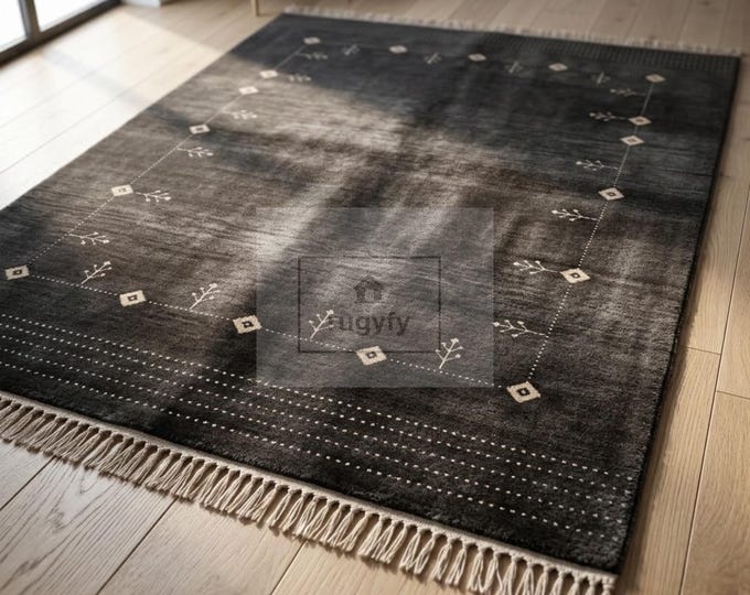 Featured listing image: Dark Grey Gabbeh Rug 9x12, Hand Knotted Wool Carpet, Moody Minimalist Tribal Great Room Carpet