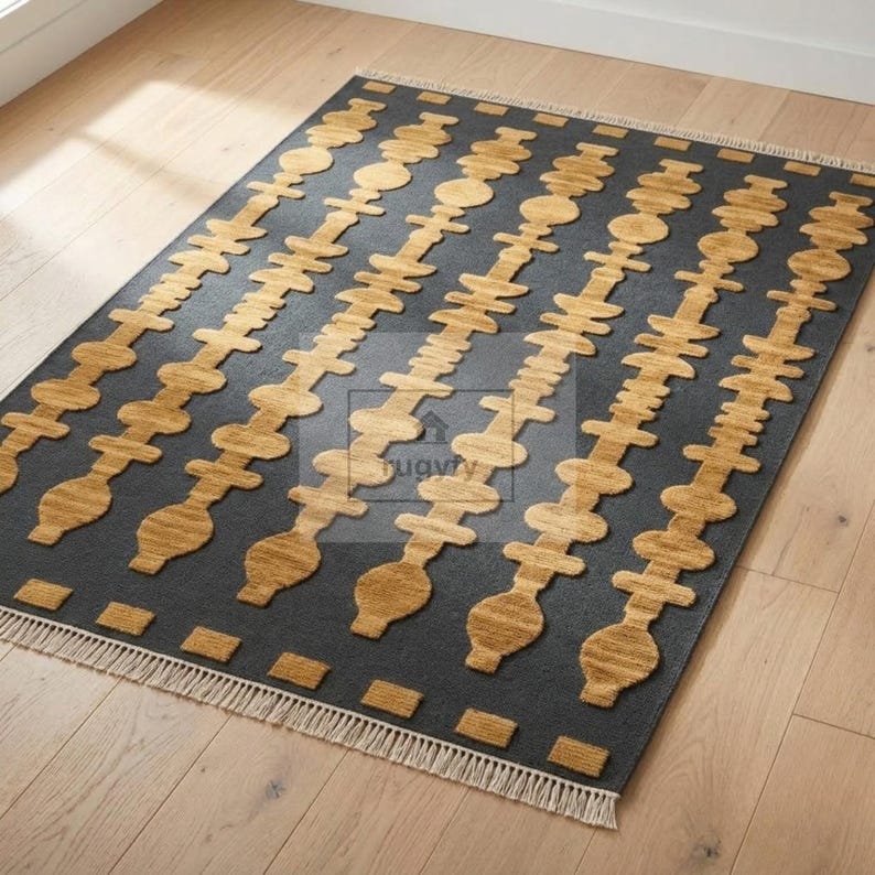 9x12 Charcoal Gold Mid Century Modern Rug, Hand Knotted Wool Dining ...
