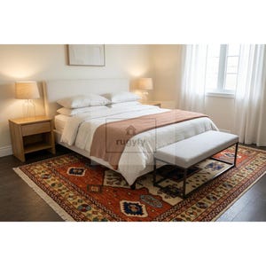 Puede incluir: Una habitación con una cama con ropa de cama blanca, una manta marrón claro y un banco gris. Una alfombra estampada en tonos rojos, azules y beige cubre el suelo. Dos mesitas de noche de madera con lámparas flanquean la cama.