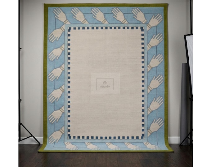 Featured listing image: Hand Knotted Oushak Wool Rug | Sky Blue, Ivory, Olive Green | 8x10 Area Carpet