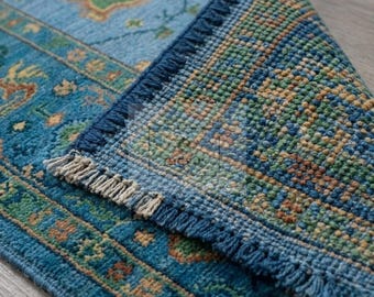 Tapis Oushak 9x12 noué à la main en laine de Nouvelle-Zélande | Tapis turc anatolien bleu céruléen jade | Grand tapis pour salon/salle à manger