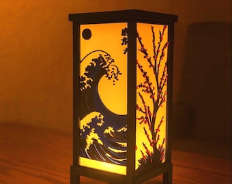 Lámpara decorativa japonesa en impresión 3D con diseño de ondas y flores de cerezo