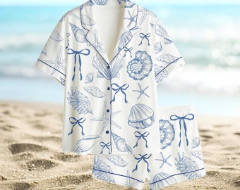 Women's Blue Seashell Pajama Set, Coastal Beach PJs