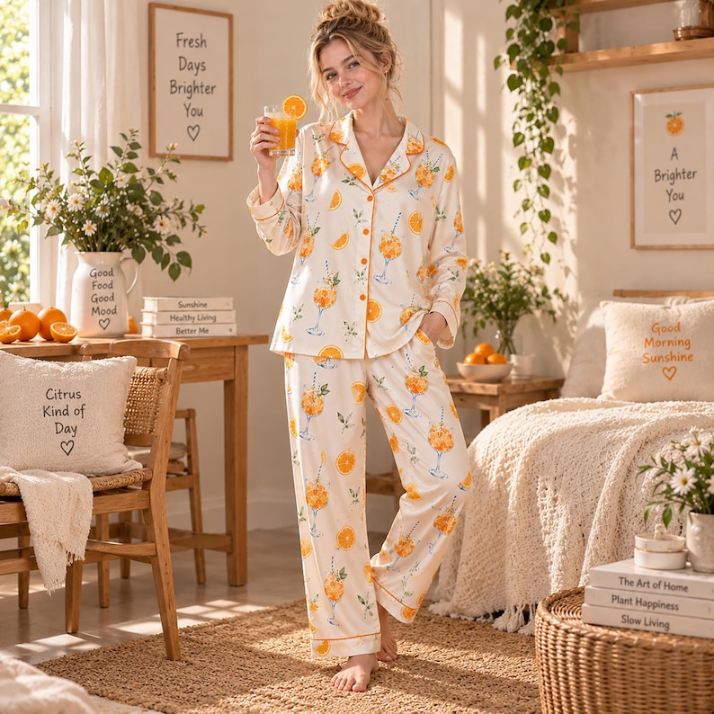 May include: A long-sleeved button-down pajama shirt and matching pajama pants in a cream color featuring an all-over print of orange slices and cocktails in glasses. The set includes orange piping along the collar, front placket, and cuffs.