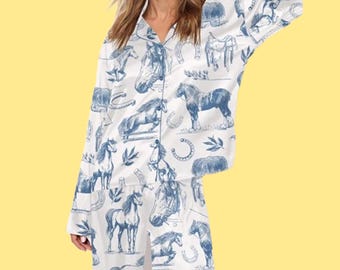 Women's Blue Horse and Horseshoe Pajama Set, Equestrian Toile de Jouy Lounge Wear