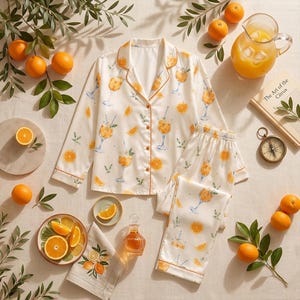 May include: A two-piece pajama set in cream fabric featuring a repeating print of orange slices and glasses of orange juice with straws. The long-sleeved button-down shirt and matching pants have orange piping along the edges and collar.