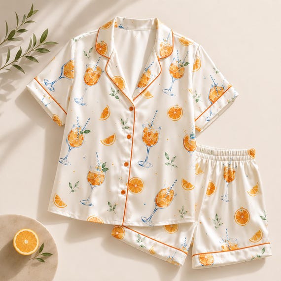 Spritz Cocktail Pajama Set, Orange Citrus Print Sleepwear, Summer Bachelorette Gift