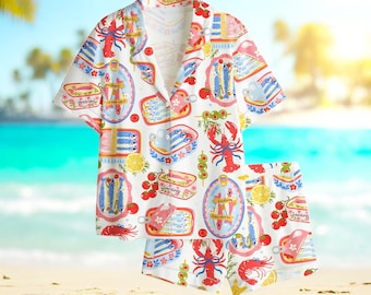 Women's Sardine Lobster Pajama Set, Seafood Print PJs