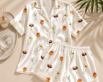 Cocktail Print Satin Pajama Set, Martini Spritz Silk PJs, Summer Vacation Loungewear, Bachelorette Party Gift