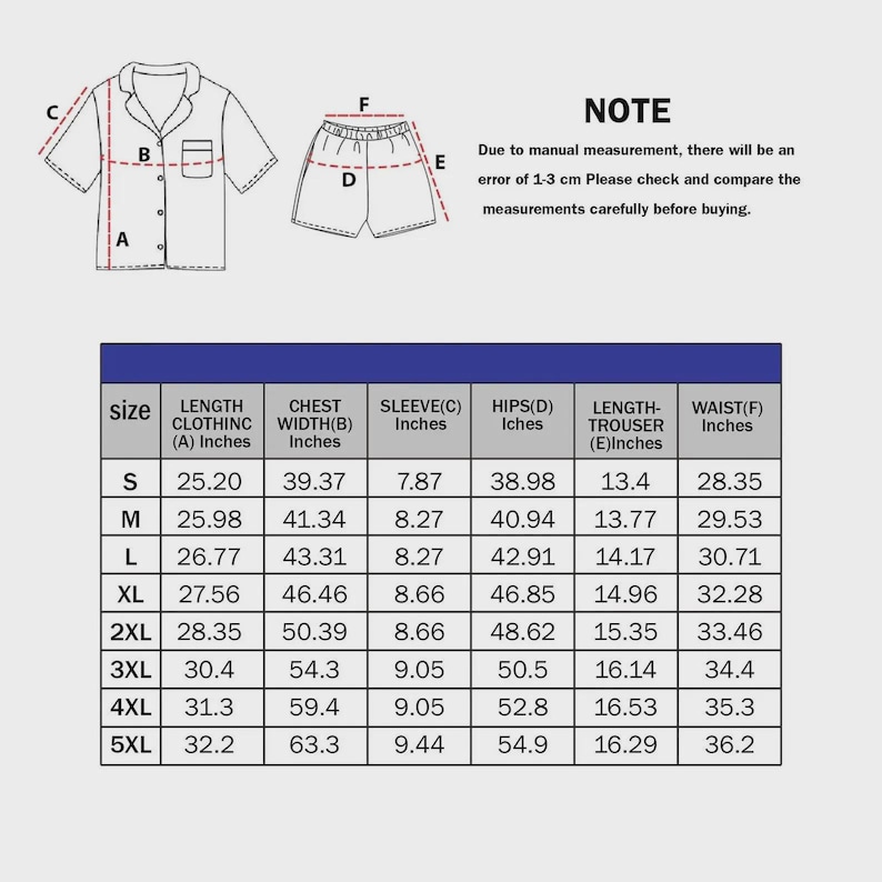 Puede incluir: Diagrama de un conjunto de pijama con una camisa con botones y pantalones cortos, junto con una tabla de tallas. Las medidas se proporcionan en pulgadas para la longitud de la ropa, el ancho del pecho, la longitud de la manga, las caderas, la longitud del pantal&oacute;n y la cintura.