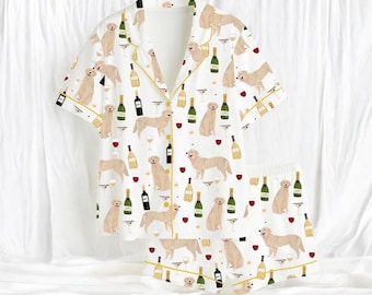 Conjunto de pijama para mujer con estampado de Golden Retriever y vino.