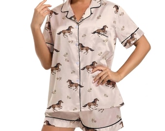 Women's Brown Horse Pajama Set, Equestrian Satin Loungewear