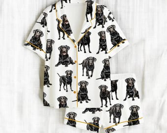 Conjunto de pijama de mujer con estampado de labrador negro, pijama de seda para amantes de los perros.