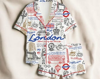 Women's London Pajama Set, UK Travel Pajamas, British Style PJs