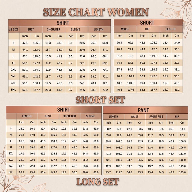 May include: A beige size chart for clothing sets featuring two main sections labeled SIZE CHART WOMEN, SHORT SET, and LONG SET. The tables provide measurements in inches and centimeters for shirts, shorts, and pants across sizes S through 5XL.